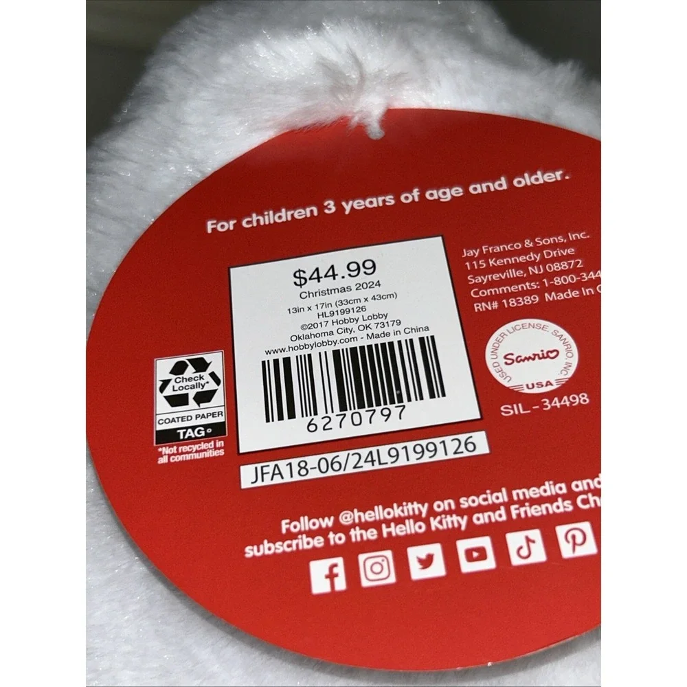 Hello Kitty Christmas Santa Pillow New 2024 White Red Candy Cane Bow Holiday